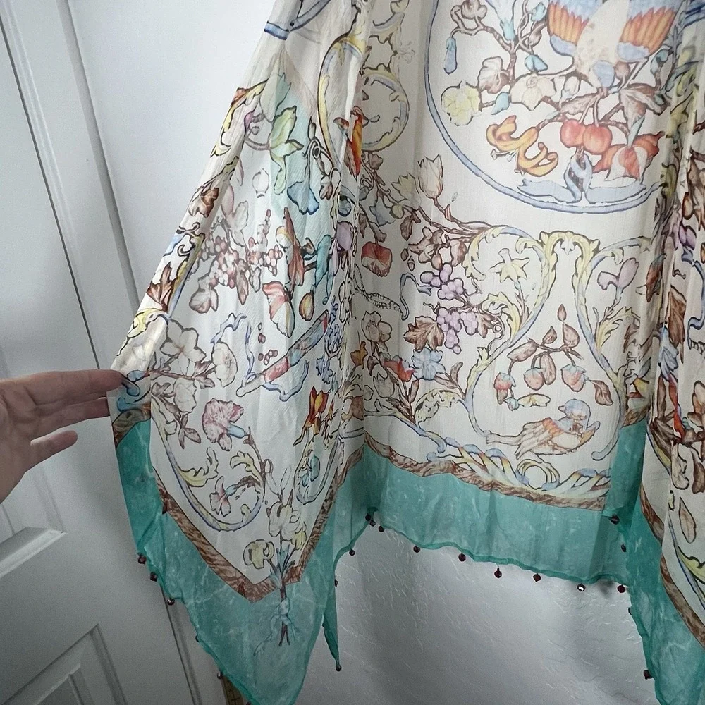 Soft Surroundings Floral Bird Print Sheer Kimono Caftan Cover Up Teal Beaded S M
